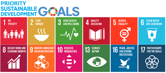 Priority Sustainable Development Goals. 
Goal 1, No Poverty.
Goal 2, Zero Hunger.
Goal 3, Good Health and Wellbeing.
Goal 4, Quality Education. 
Goal 5, Gender Equality.
Goal 6, Clean Water and Sanitation.
Goal 8, Decent Work and Economic Growth.
Goal 9, Industry, Innovation and Infrastructure.
Goal 10, Reduced Inequalities. 
Goal 13, Climate Action. 
Goal 16, Peace, Justice and Strong Institutions.
Goal 17, Partnerships for the Goals.