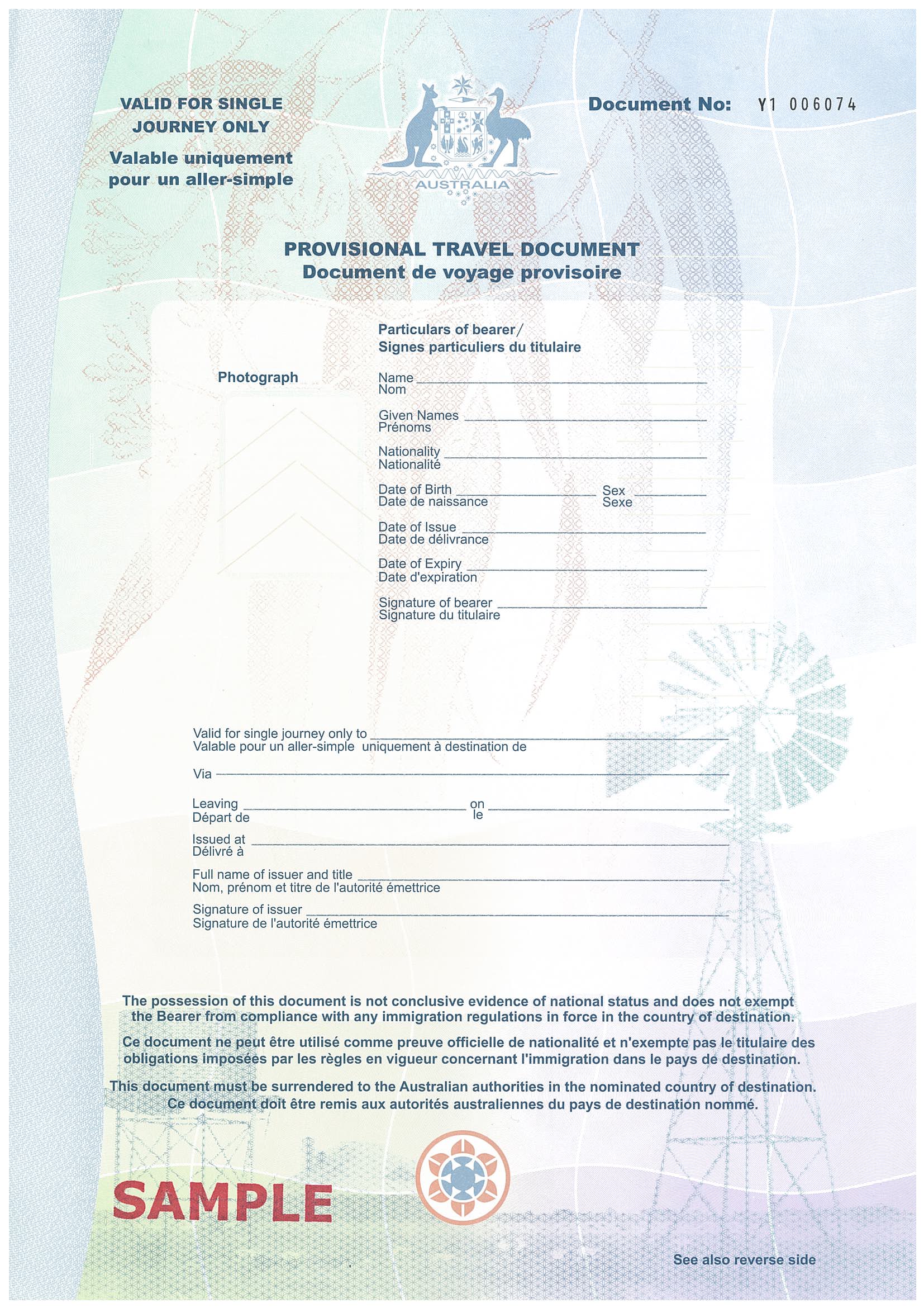 Provisional Travel Document PTD Australian Government Department Of 