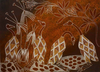 March Kudjewk, Samuel Namundja, Magpie geese and eggs (75x105 cm ochre/gouache on paper, 1993)