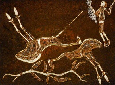 November Kurrung, Lofty Nabardayal Nadjamerrek, Emus (56x76 cm ochre/gouache on paper, 1993)