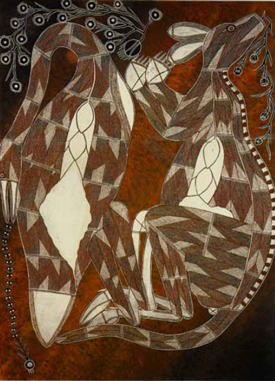 June Yekke, Lawrence Nganjmirra, Brolga and kangaroo (105x75 cm ochre/gouache on paper, 1993)