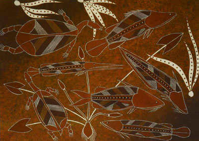 May Bangkerreng, Tony Bangalang, Freshwater fish and turtles (56x76 cm ochre/gouache on paper, 1993)