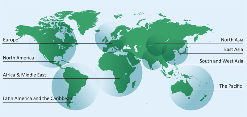 World map showing the world's regions