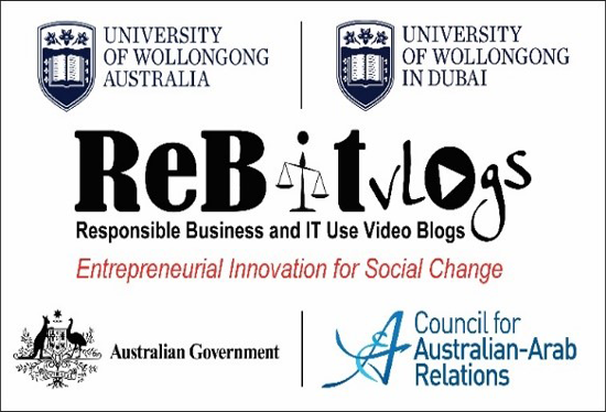 Flyer for the Responsible Business and Information Technology Vlogs. Includes logos of University of Wollongong Australia, University of Wollongong in Dubai, Australian Government and Council for Australian-Arab Relations.