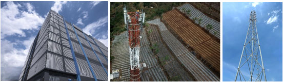 (From left to right) A data centre building, a telecommunications tower in a rice field and telecommunications tower.