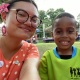 Rachel Spackman and a Mobile Kindy student at the Blue Pacific Village Event for the 51st Pacific Island Leaders Forum Meeting (Photo credit: Rachel Spackman)