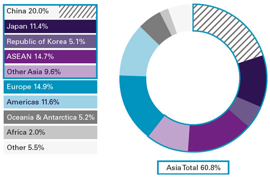 China, 20.0%; Japan, 11.4%; Republic of Korea, 5.1%; ASEAN, 14.7%; Other Asia, 9.6%; Europe, 14.9%; Americas, 11.6%; Oceania and Antarctica, 5.2%; Africa, 2.0%; Other, 5.5%; Asia Total, 60.8%