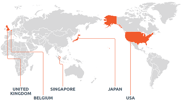 A map showing Australia's top 5 two-way investment partners - the United States of America, the United Kingdom, Belgium, Japan and Singapore.