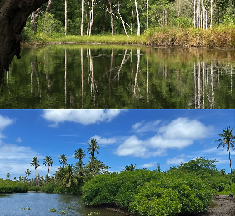 Composite of two images showing the reflection of trees in a lake, and dense vegetation beside an inlet.